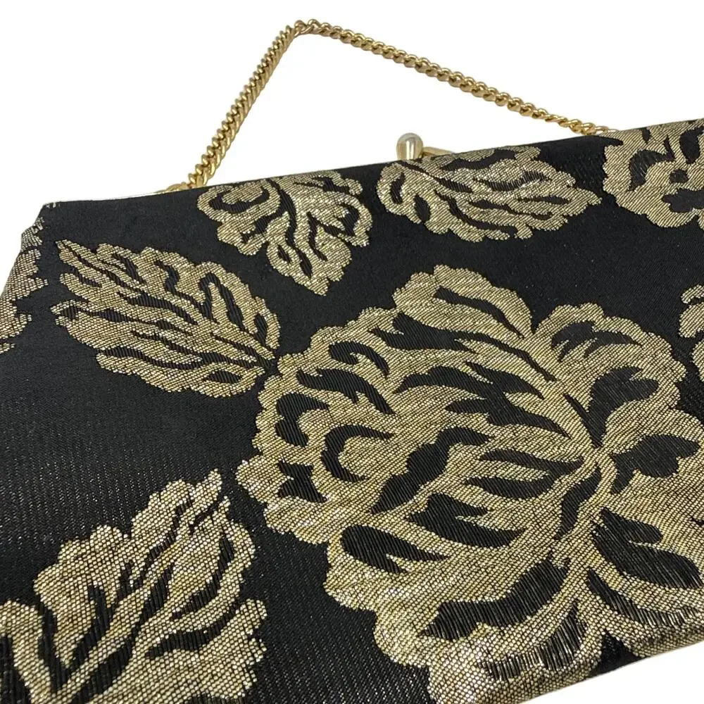 Vintage 60s Black Metallic Gold Brocade Clutch Chain Purse